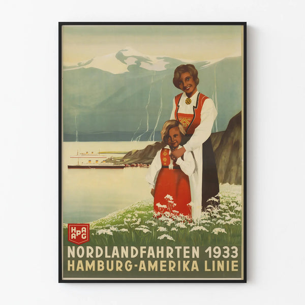 Vintage juliste Nordland-kiertomatkat 1933 Hamburg Amerika Linie
