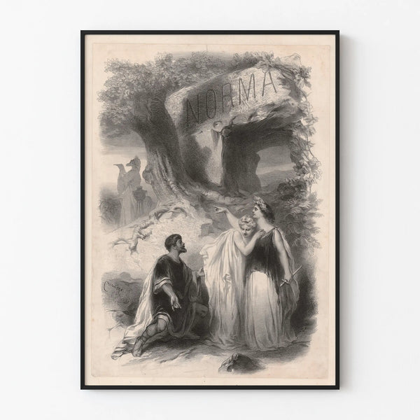 Taiteellinen vintage juliste Norma-näyttelystä mustavalkoisena