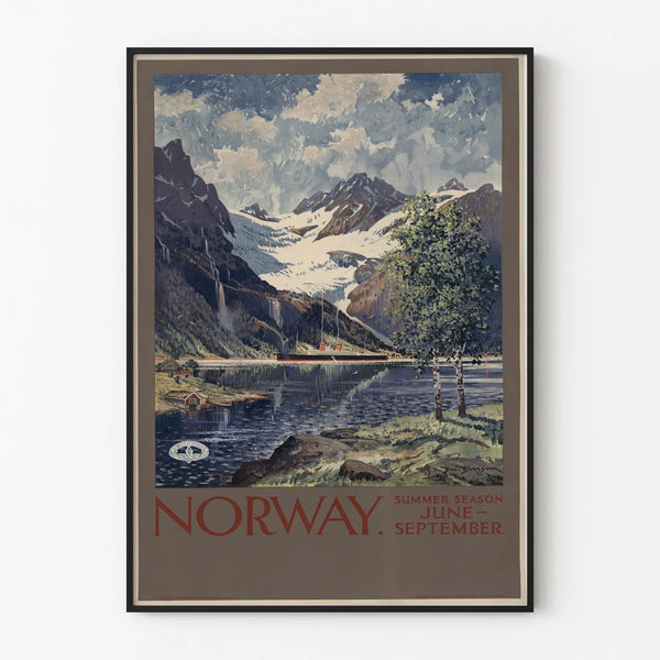 Vintage juliste Norjan maisemasta kesällä, vuoristoja ja vuonoja