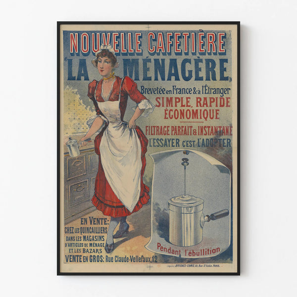 Vintage juliste uudesta kahvinkeittimestä La Ménagère – retro-ruokailutilan seinäkoriste