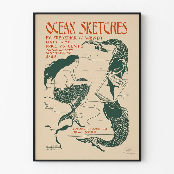 Vintage juliste Ocean Sketches - Merenneito ja kalat -kuvitus