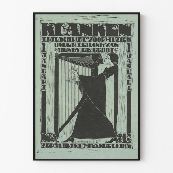 Art Deco -juliste musiikki, harppu ja halaava pari