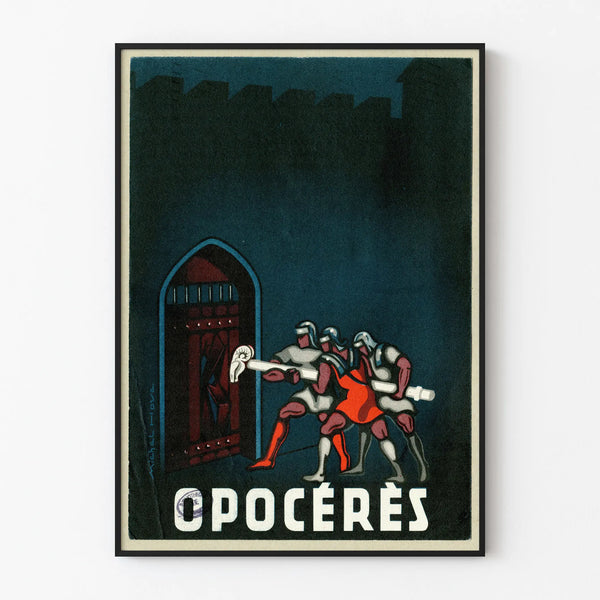 Vintagejuliste Opocérésistä - Ritarit ja linnoitettu portti -kuvitus