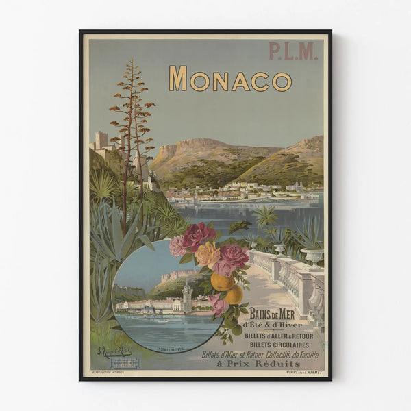 Vintage seinäkoristejuliste Monacon merivanhat kylpylät