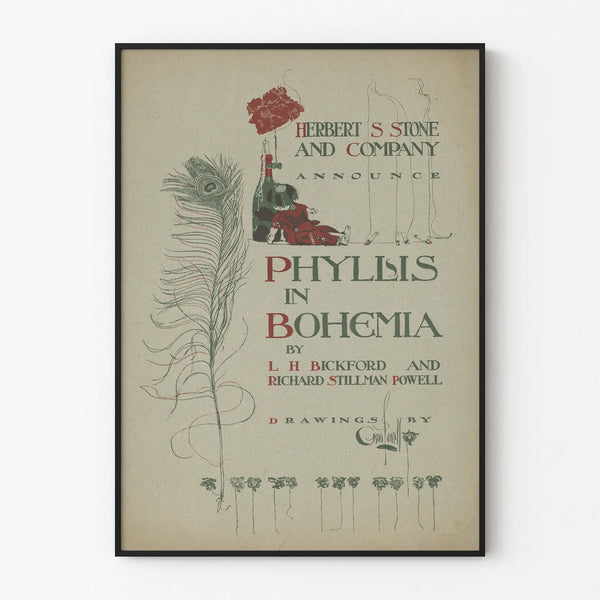 Vintagejuliste Phyllis in Bohemia höyhenen ja pavunukkeen kanssa