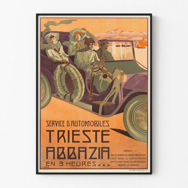 Vintage juliste Triesten autoliikkeestä Abbazia