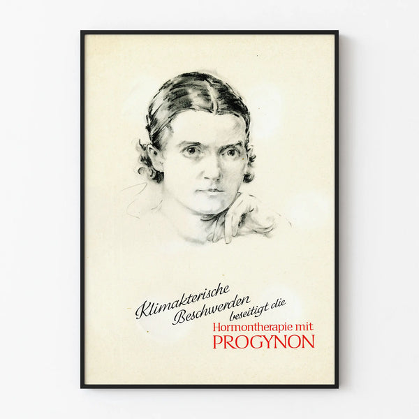 Vintagejuliste Progynon - Mustavalkoinen retrojuliste seinäkoristeluun