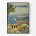 Vintage Sanremo juliste panoraamanäkymällä ja kukilla