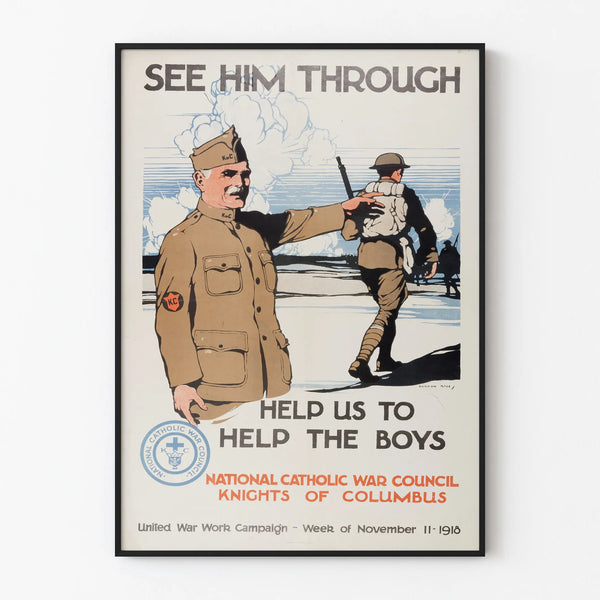 Sota-ajan kampanjajuliste 'Help Us to Help the Boys' 1918 - Vintage-seinäkoriste