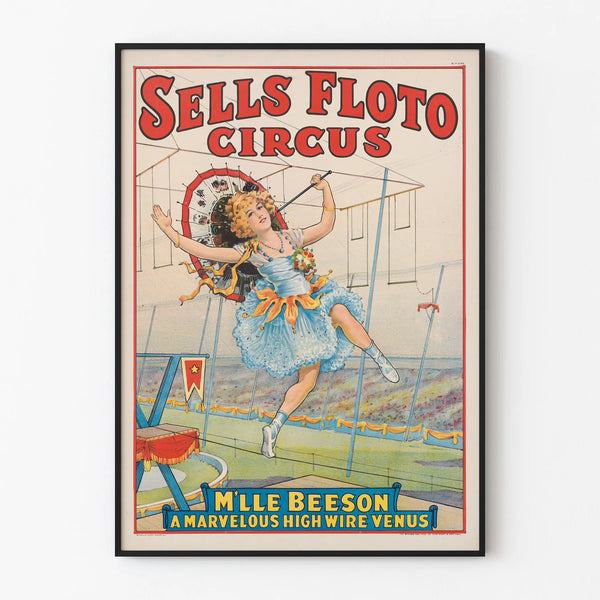 Sirkusjuliste Sells Floto - Mlle Beeson tasapainottaja narulla