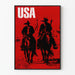 Koristejuliste Yhdysvaltain cowboyt mustavalkoisessa siluetissa punaisella taustalla